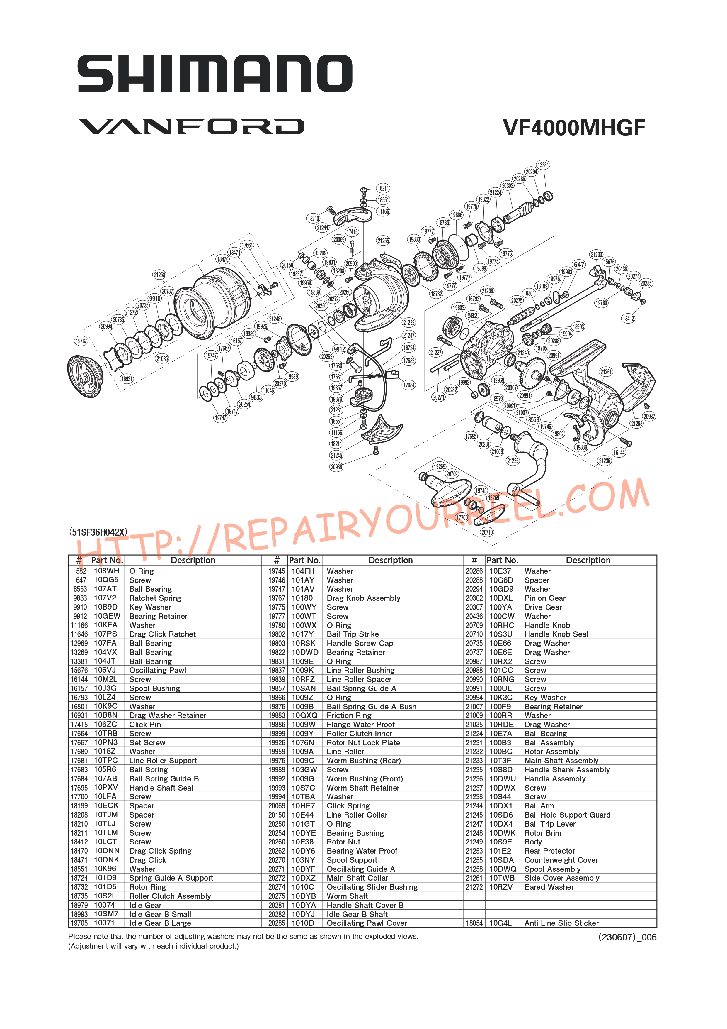 Vue éclatée du Shimano VANFORD 4000MHGF (2020)